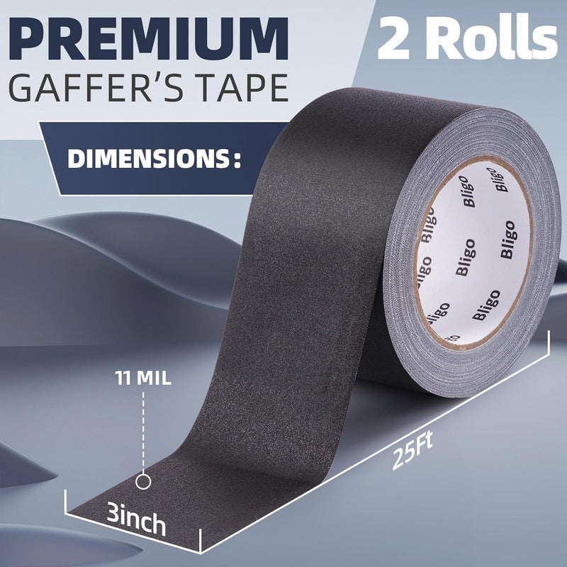 Bligo 2 Pack Professional Black Gaffer Tape 3 Inch x 30 Yards, No Residue, Waterproof, Non-Reflective, Easy Tear, Multipurpose Matte Finish Cloth Tape for Stage, Studio and DIY Projects - Image 2